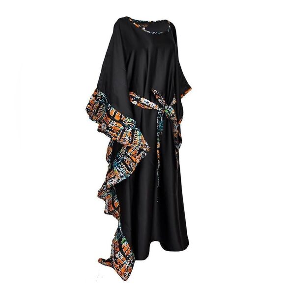 Declaj Clothing original black silky adire edge pullover dress/gown/kaftan. - Picture 2 of 12